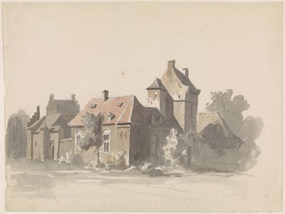 Vista de un grupo de casas con el ferrocarril urbano (?) de Adrianus Eversen