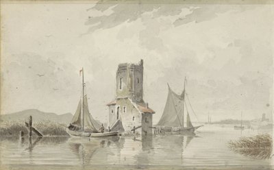 Paisaje fluvial con una torre de Adrianus Eversen