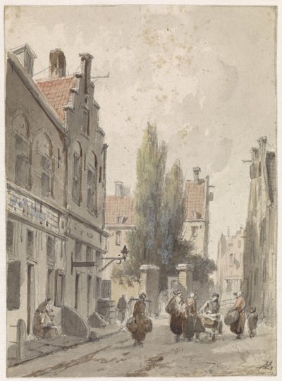 Vista de la ciudad con un vendedor ambulante de Adrianus Eversen