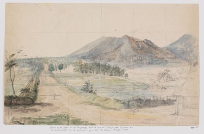 Vista de los volcanes Gedé y Pangrango, la carretera Cianjur-Cipanas y la casa de campo del gobernador general en Cipanas, Priangan, Java Occidental de Adrianus Johannes Bik