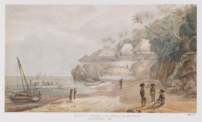 Vista de un asentamiento frente a la costa oriental de Workai, Islas Aru, sureste de las Molucas de Adrianus Johannes Bik