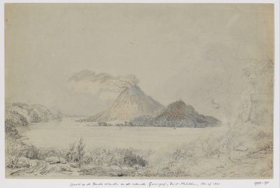 Vista desde Lontar de Banda Neira y Gunungapi humeante, Islas Banda, Molucas Centrales de Adrianus Johannes Bik