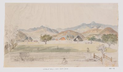 Paisaje y vista de casas y plaza del pueblo, Java Occidental de Adrianus Johannes Bik