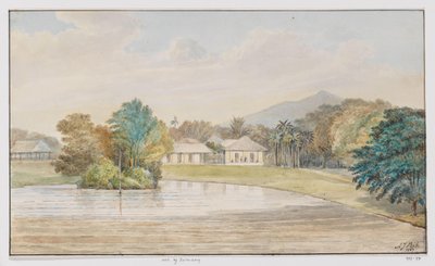 Paisaje con vivienda y estanque, Java Occidental de Adrianus Johannes Bik