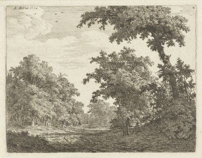 Viajeros descansando a lo largo de un camino en el bosque de Adrianus Serné