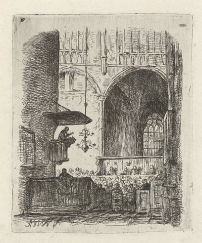Interior de la iglesia con servicio religioso de Adrianus Wilhelmus Nieuwenhuyzen