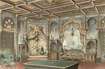 Una sala de billar árabe, ilustración de "La Decoration Interieure", publicada hacia 1893-94 (litografía en color) de Adrien (after) Simoneton