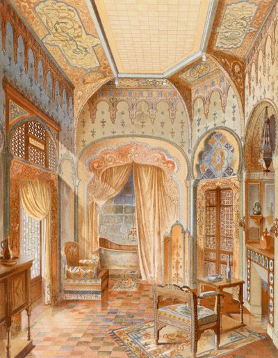 Interior de un baño de estilo morisco, ilustración de "La Decoration Interieure" publicada hacia 1893-94 (litografía en color) de Adrien (after) Simoneton