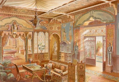 Sala de juegos de estilo asirio, ilustración de "La Decoration Interieure" publicada hacia 1893-94 (litografía en color) de Adrien (after) Simoneton