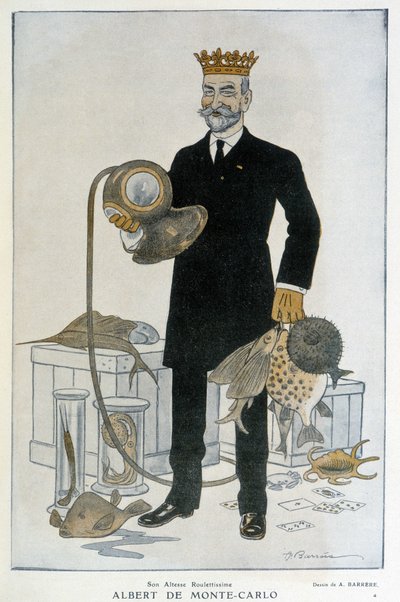 Albert I de Mónaco (1848-1922), fundador del Museo Oceanográfico de Monte Carlo - Ilustración de Adrien Barrere (1877-1931) en Fantasio el 15/04/1914 de Adrien Barrere