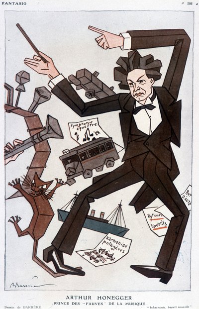 Caricatura de Arthur Honegger "Príncipe de los Fauves de la Música", compositor suizo (1892-1955) - por Barrère, en "Fantasio" del 01/01/1930 de Adrien Barrere