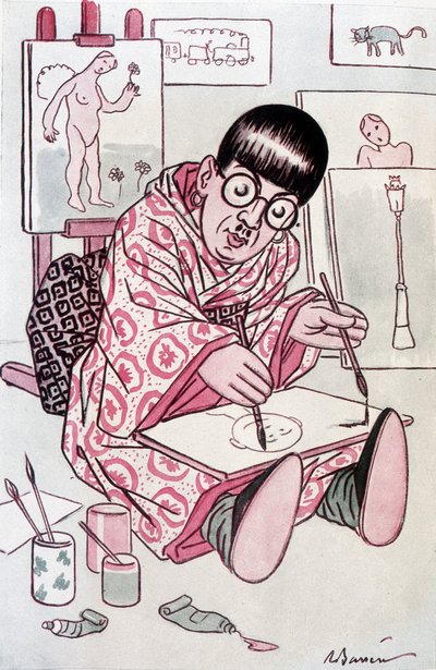 Caricatura mostrando a Tsuguharu Fujita, bautizado Leonard Foujita, pintor francés de origen japonés (1886-1968). Dibujo de Barrere en Fantasio, el 01/04/1927 de Adrien Barrere