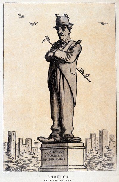 Charlot en estatua con inscripción en el pedestal: “A Charlot, la humanidad agradecida” (“Charlot no se divierte”) - dibujo de Barrère, en “Fantasio” del 01/07/1920 de Adrien Barrere