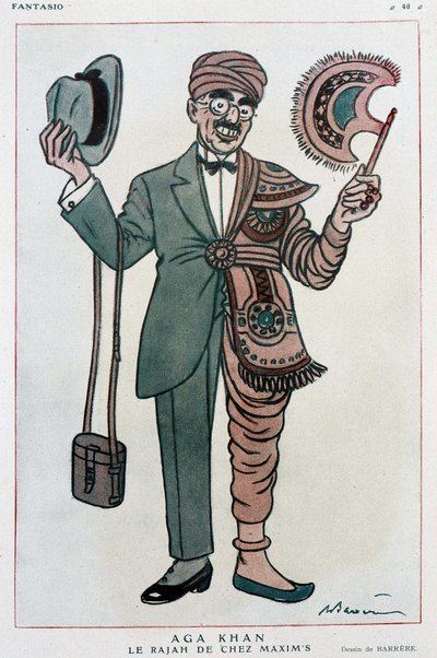 Dibujo cómico de Barrere sobre Muhammad Chah Agha Khan III de Adrien Barrere
