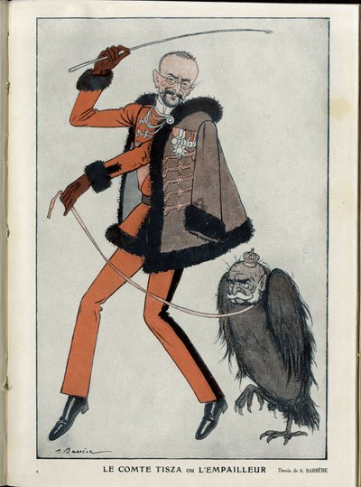 Ilustración de A Barrere (1874-1931) en "Fantasio", 01/04/15 - Conde Tisza o el embutidor - Guerra del 14-18, Austria, Hungría - Águila, Francisco José I de Austria, Tisza Istvan - Animalización de Adrien Barrere