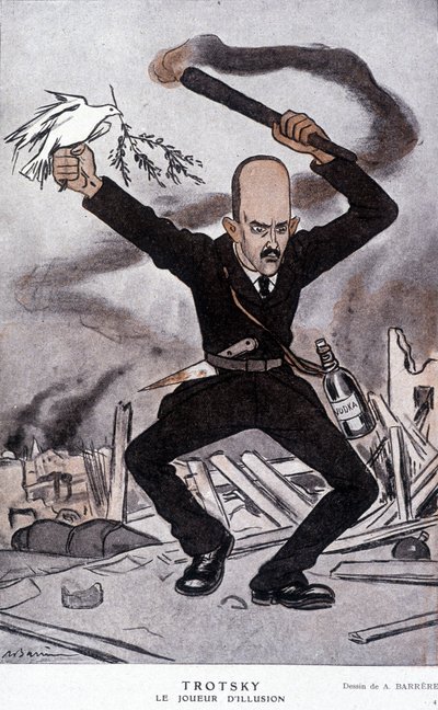 León Trotsky (Trotski) (1879-1940), el jugador de ilusiones - caricatura por Barrère, en “Fantasio” del 15/03/1918 de Adrien Barrere