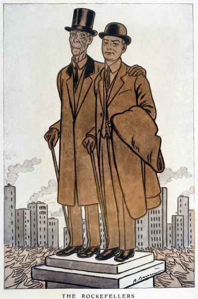 Los Rockefeller, senior y junior, cresos americanos - Ilustración de Adrien Barrère (1877-1931) en “Fantasio” del 01/03/1930 de Adrien Barrere