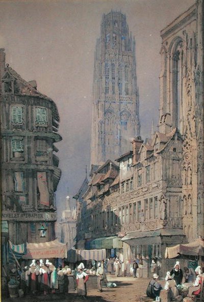 Mercado al pie de la Tour de Beurre, Rouen de Adrien Dauzats