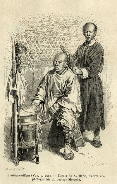 Un barbero en pleno trabajo. Grabado según el dibujo de A.Marie, para ilustrar el viaje a Pekín y el norte de China, por T.Choutze, en 1873, publicado en de Adrien Emmanuel Marie