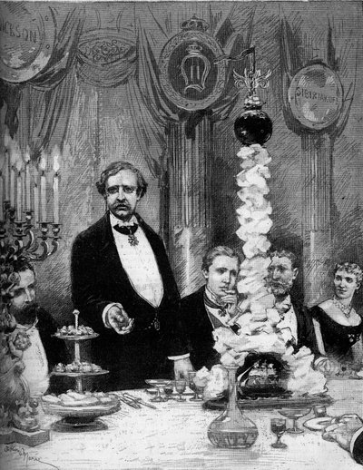 Banquete dado por la colonia escandinava de París en honor del explorador Nils Adolf Erik (Eric) Barón Nordenskjold (Nordenskiold) (1832-1901) en el Hotel Continental. Presentes: Conde Kapnitz, Profesor Nordenskjold, Príncipe Oscar de Suecia (1859-1953) de Adrien Emmanuel Marie