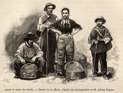 Antes del comercio de ovejas, todo el personal de la granja estaba empleado en esta tarea, niño, sirviente, bajo la supervisión del pastor, se recogía la leche en las seillas (vaso de metal estañado), grabado después de un dibujo de A.Marie, ilustrando un  de Adrien Emmanuel Marie