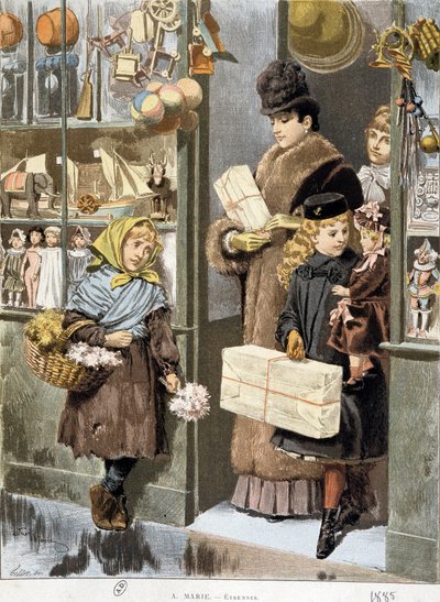Niña pobre vendiendo pequeños ramos a la salida de una tienda de juguetes donde salen ricos (¿compras de Navidad?) - dibujo de Adrien Marie de Adrien Emmanuel Marie