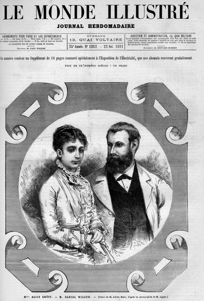 Retrato de Daniel Wilson (1840-1919), político francés con su esposa, Alice Grevy. Grabado por Adrien Marie. Uno de "El Mundo Ilustre" No. 1282 del 22 de octubre de Adrien Emmanuel Marie