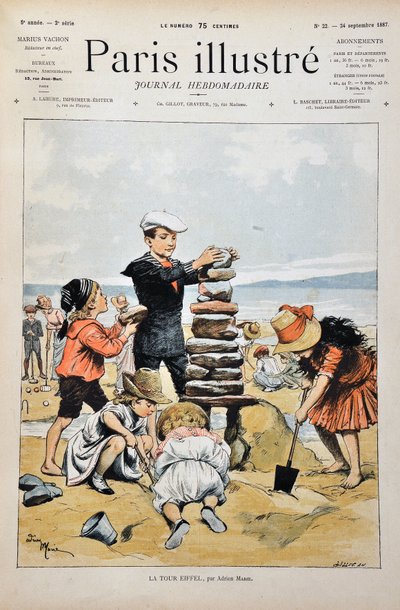 La Torre Eiffel Un grupo de niños jugando en una playa y realizando una réplica de la Torre Eiffel con piedras y arena. Ilustración de Adrien Marie (1848-1891). Grabado de 1887 en “Paris-Illustrous journal weekly” de Adrien Emmanuel Marie