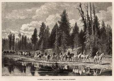 Toda la misión geográfica, en ruta hacia el Monte Hayden, a lo largo del río Henri, grabado según el dibujo de A.Marie, ilustrando un conjunto de misiones geográficas a través del Parque Nacional de los Estados Unidos, de 1870 a 1872, por los señores Hayde de Adrien Emmanuel Marie