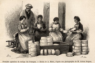 La primera operación de raspado de los quesos, ocho días después de la bodega, se quita el vello que creció en la superficie del queso para permitir un mejor contacto con el aire fresco de la bodega, lo que se quita se usa para alimentar al ganado, grabado de Adrien Emmanuel Marie