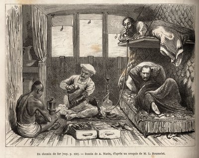 El interior de un vagón cama del ferrocarril de la India Oriental, en la ruta a Azimgange de Adrien Emmanuel Marie