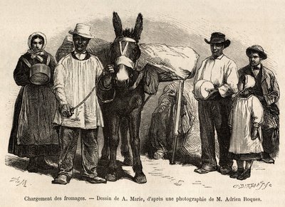 La carga de quesos en la espalda de una mula, hacia las bodegas de Roquefort, ilustración de un viaje a Roquefort y sus alrededores, por Adrien Roques y Jules Charton, en 1874, publicado en “Le tour du monde” 1875, editado por Edouard Charton de Adrien Emmanuel Marie