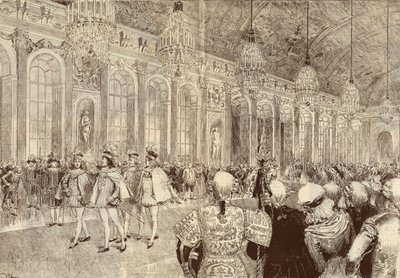 La procesión de los caballeros de la Orden del Espíritu Santo en la galería de hielo del castillo de Versalles el día de Pentecostés en 1789. Dibujo de Adrien Marie de 1889. de Adrien Emmanuel Marie