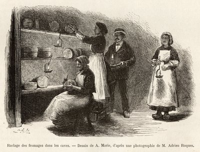 El raspado y cosido de quesos, después de la bodega cada ocho días, estas operaciones facilitan la fermentación y formación del veteado azul en el Roquefort, grabado según un dibujo de A.Marie, ilustrando un viaje a Roquefort y sus alrededores de Adrien Emmanuel Marie