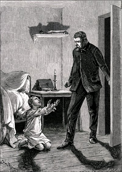 El niño espía: Un niño se arroja a los pies de su padre enojado para pedir perdón (aguafuerte) de Adrien Emmanuel Marie