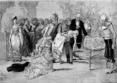 Representación teatral: “Le beau Solignac” de Jules Claretie (1840-1913) y William Busnach (1832-1907) con Edouard Angelo (Solignac) y Melle Cassothy (Louise de Farges). París, teatro del Chatelet de Adrien Emmanuel Marie