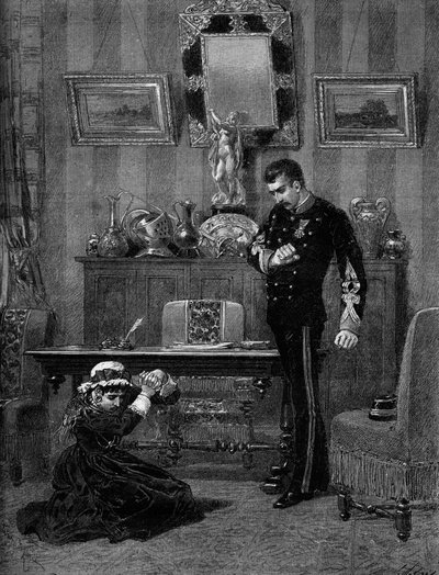 Representación teatral: “El hijo de Coralie” por Albert Delpit (1849-1893) con Aimee Jeanne Tessandier (1851-1923) (Coralie) y Lucien Guitry (1860-1925) (Daniel). París, Teatro del Gymnasium de Adrien Emmanuel Marie