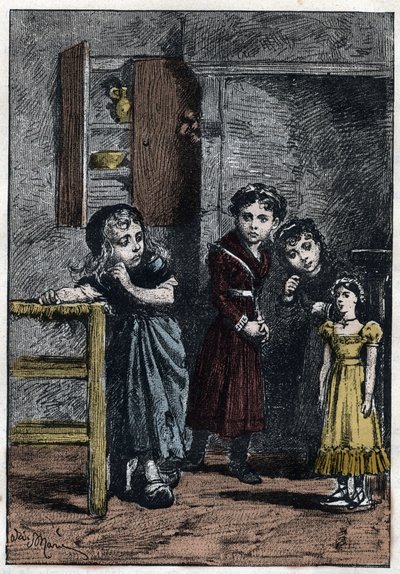 Las dos hijas de Thenardier, Eponine y Azelma, miran a Cosette que recibió la muñeca Catherine - Ilustración de Adrien Marie (1848-1891) para “Los miserables - Segunda parte: Cosette” de Victor Hugo (1802-1885) 1862 de Adrien Emmanuel Marie