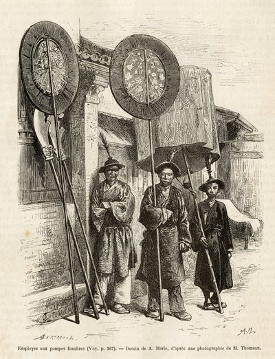 Tres trabajadores funerarios en Pekín. Grabado según un dibujo de A.Marie, para ilustrar el viaje a Pekín y el norte de China, por T.Choutze, en 1873, publicado en 
