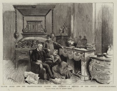 Victor Hugo y sus nietos Jeanne y Georges, un boceto en el estudio-dormitorio del poeta de Adrien Emmanuel Marie