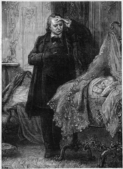Victor Hugo observando a un niño durmiendo en su cuna. Ilustración de 