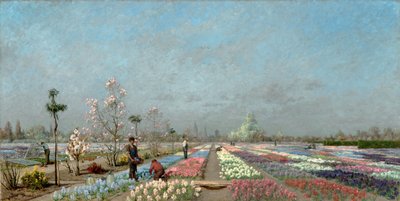 Los campos de jacintos en flor en el vivero Van Houtte, Gante, con vistas a la iglesia de San Nicolás, el campanario y la catedral de San Bavón. de Adrien Louis Demont