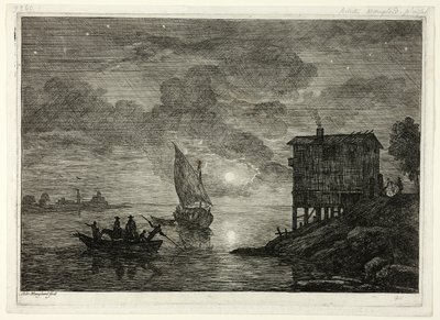 Escena de Puerto a la Luz de la Luna con Ferry de Adrien Manglard