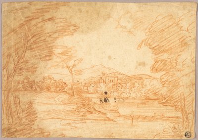 Paisaje fluvial con edificios de Adrien Manglard