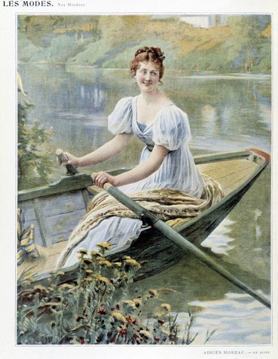 Mujer haciendo un barco en el Sena - ilustración de Adrien Moreau, c. 1900 de Adrien Moreau
