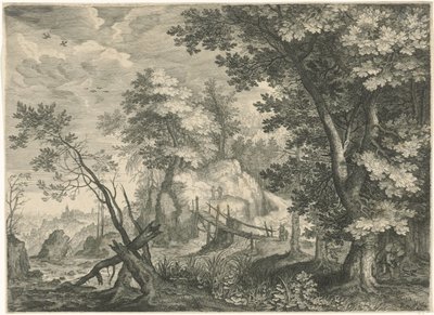 Paisaje forestal con puente de madera. Paisajes de montaña del Tirol (título de la serie) de Egidius  Sadeler (II)