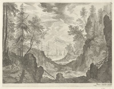 Paisaje de bosque con cascada Paisajes de montaña del Tirol (título de la serie) de Egidius  Sadeler (II)
