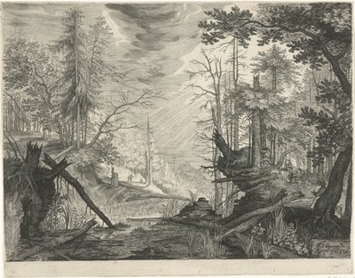 Tres cazadores por un río en un bosque. Paisajes de montaña del Tirol (título de la serie) de Egidius  Sadeler (II)