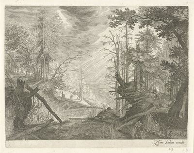 Tres cazadores por un río en un bosque. Paisajes de montaña del Tirol (título de la serie) de Egidius  Sadeler (II)
