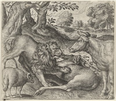 Fábula del león, la vaca y la oveja a la caza de Egidius  Sadeler (II)